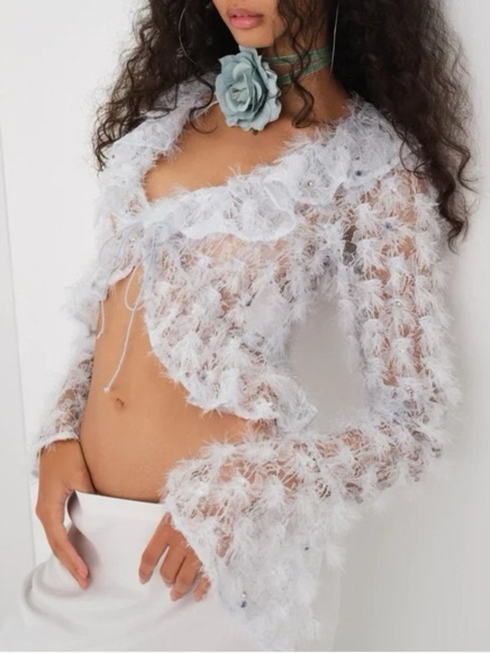 For Love & Lemons Moira Top Blue Eyelash Lace Cropped Cardigan 39239 - Picture 2 of 11